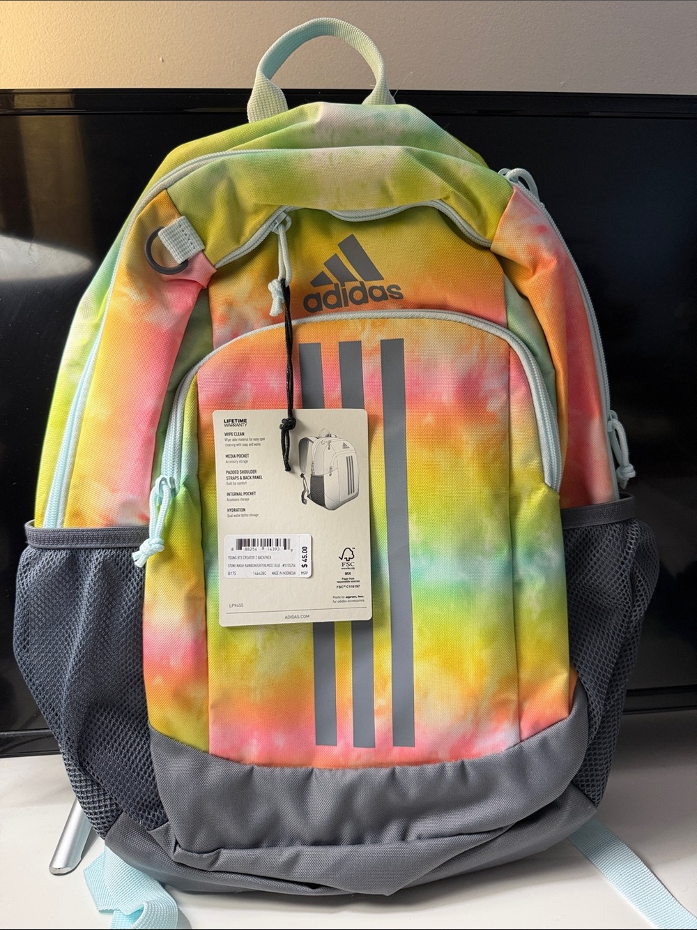 adidas Kids Rainbow Tie-Dye Backpack with Gray Base